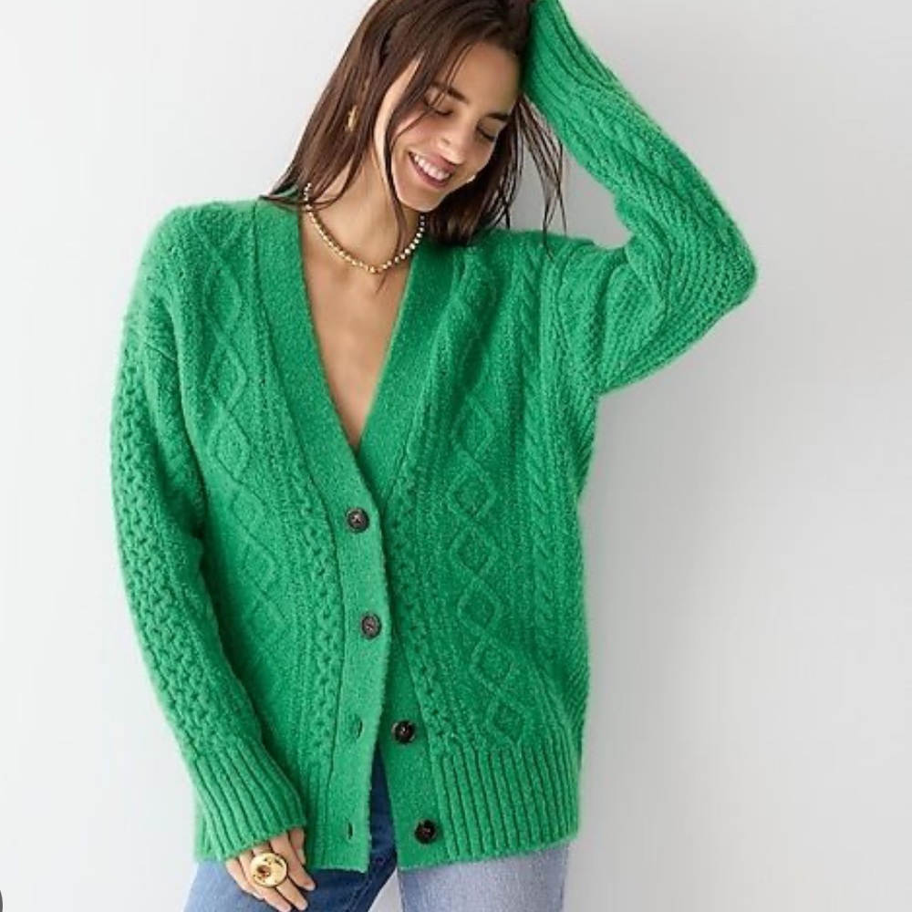 J Crew Cable Knit Woven Stretch Wool Cardigan